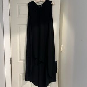 BCBG asymmetrical hem geometric, cut out black silky dress
